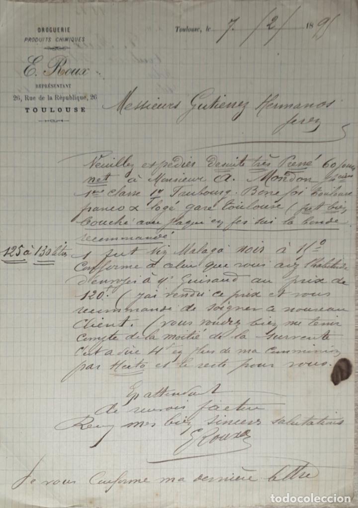 Lettres commerciales: Carta comercial. E. Roux. Droguerie. Produits Chimiques. Toulouse. Francia 1895