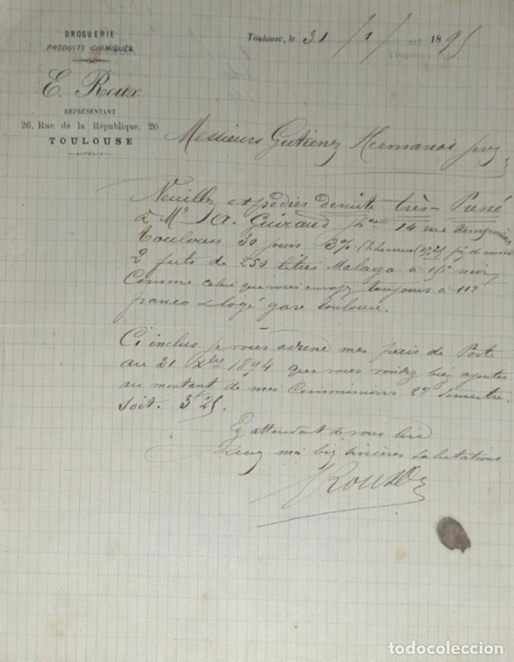 Lettres commerciales: Carta comercial. E. Roux. Droguerie. Produits Chimiques. Toulouse. Francia 1895
