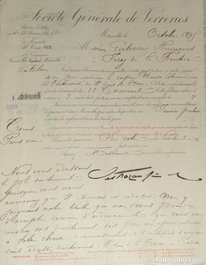 Lettres commerciales: Carta comercial. Soci&eacute;t&eacute; G&eacute;nerale de Verreries. Marseille. Francia 1895