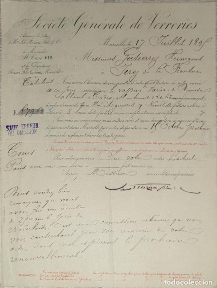 Lettres commerciales: Carta comercial. Soci&eacute;t&eacute; G&eacute;nerale de Verreries. Marseille. Francia 1895