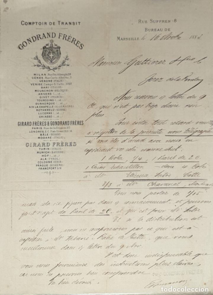 Lettres commerciales: Carta comercial. Gondrand Fr&eacute;res. Comptoir de Transit. Marseille. Francia 1885