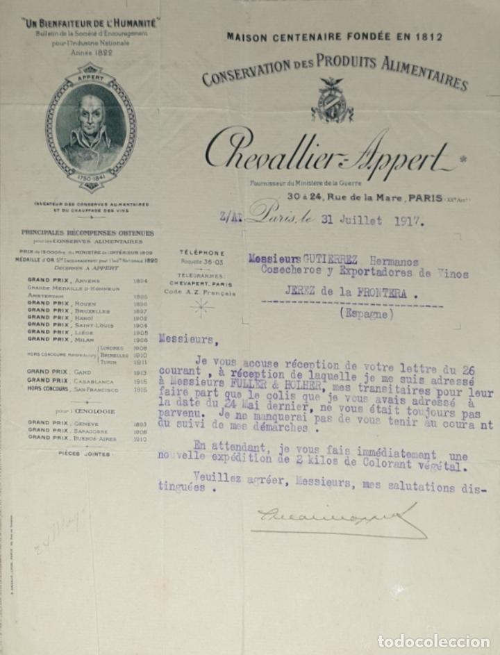 Lettres commerciales: Carta comercial. Chevallier Appert. Conservation des Produits A&ntilde;imentaires. Par&iacute;s 1917