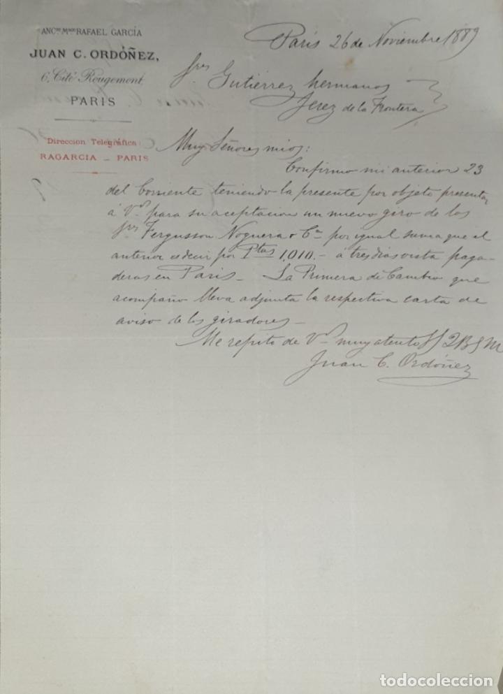 Lettres commerciales: Carta comercial. Juan C. Ordo&ntilde;ez. Par&iacute;s. Francia 1889