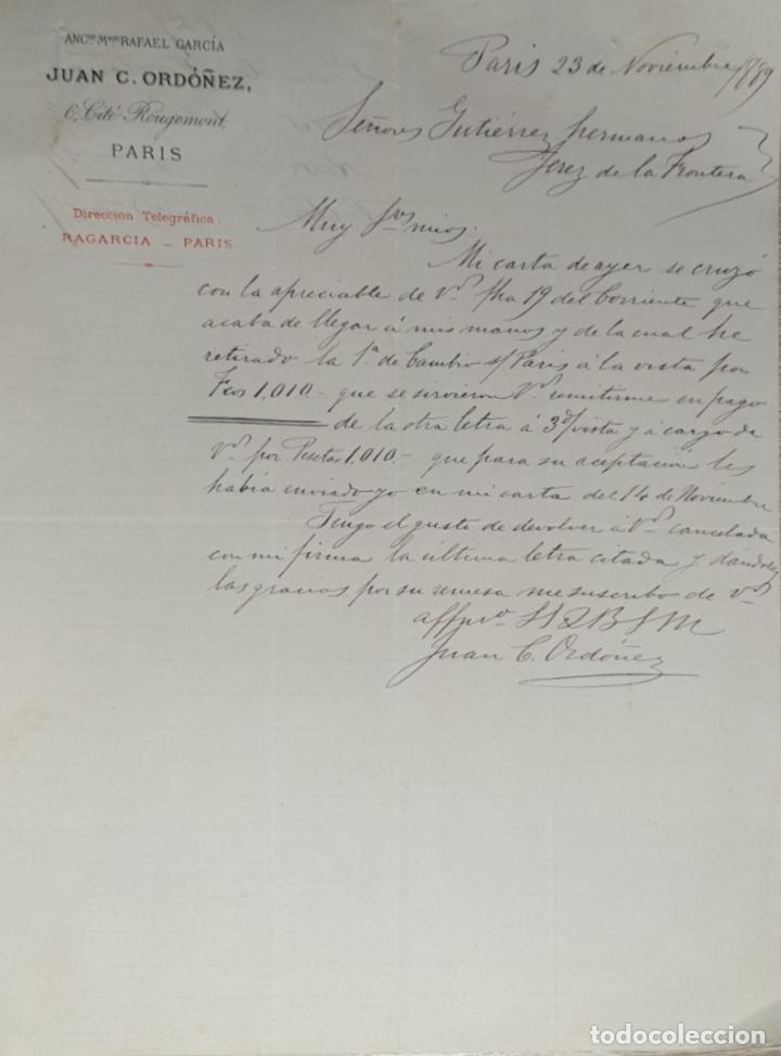 Lettres commerciales: Carta comercial. Juan C. Ordo&ntilde;ez. Par&iacute;s. Francia 1889