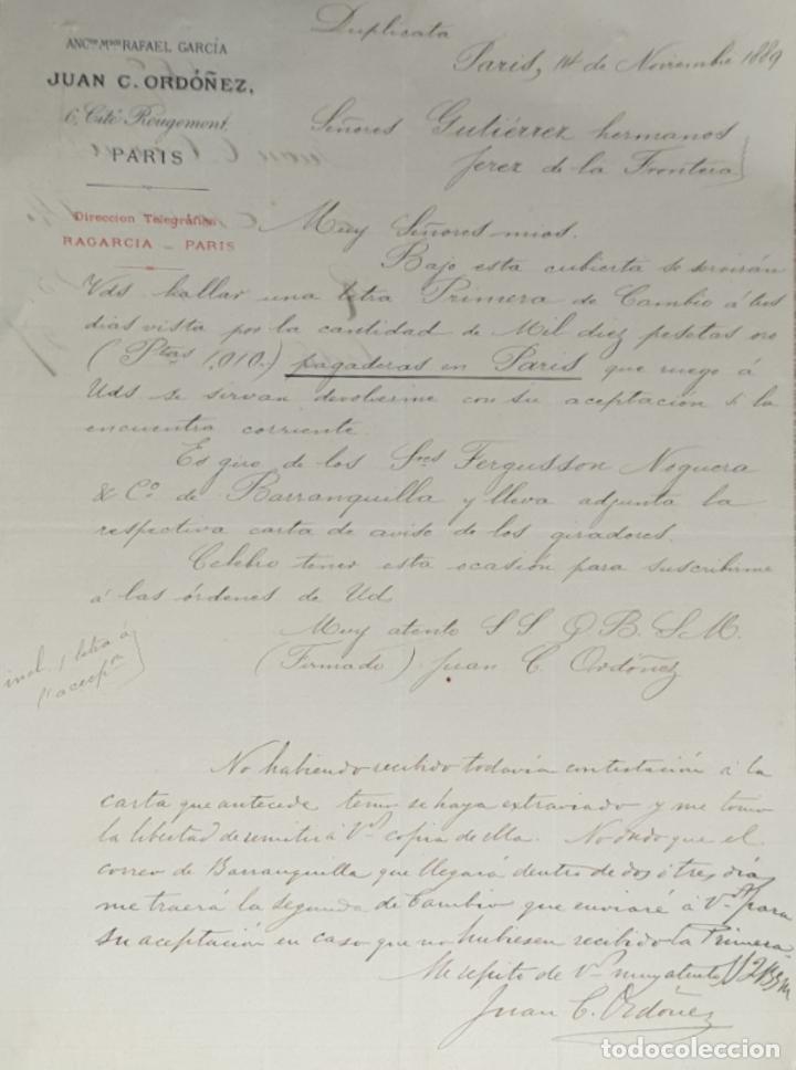 Lettres commerciales: Carta comercial. Juan C. Ordo&ntilde;ez. Par&iacute;s. Francia 1889
