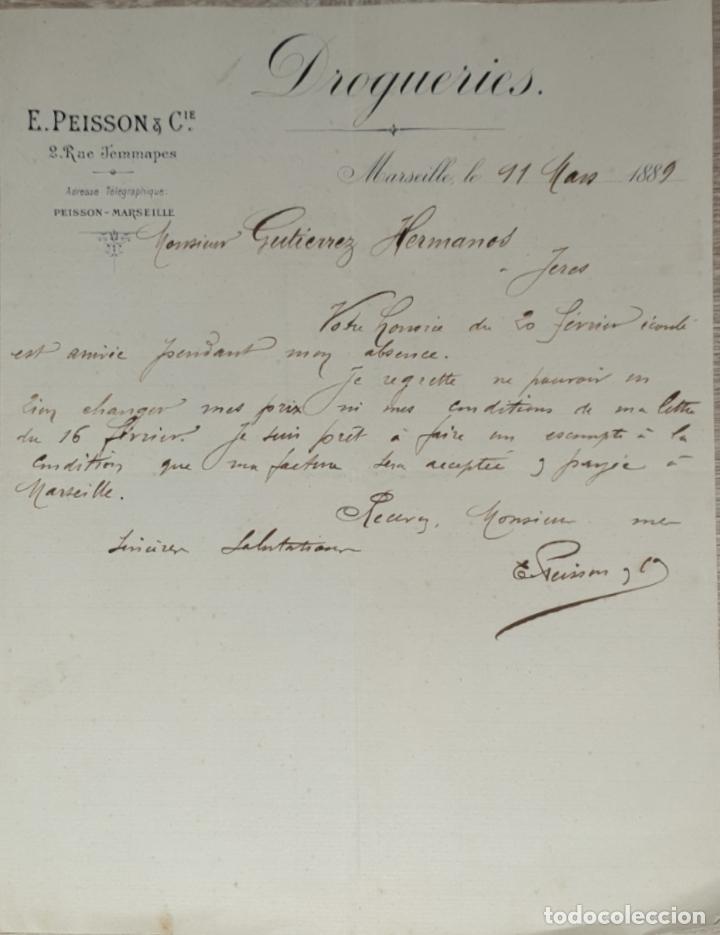 Lettres commerciales: Carta comercial. E. Peisson & C&iacute;e. Drogueries. Marseille. Francia 1889