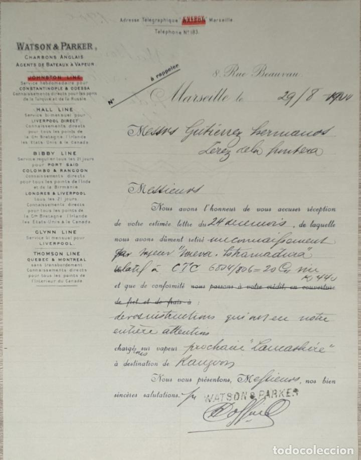 Lettres commerciales: Carta comercial. Watson & Parker. Steam Ship Agents and Coal Merchants. Marseille. Francia 1900