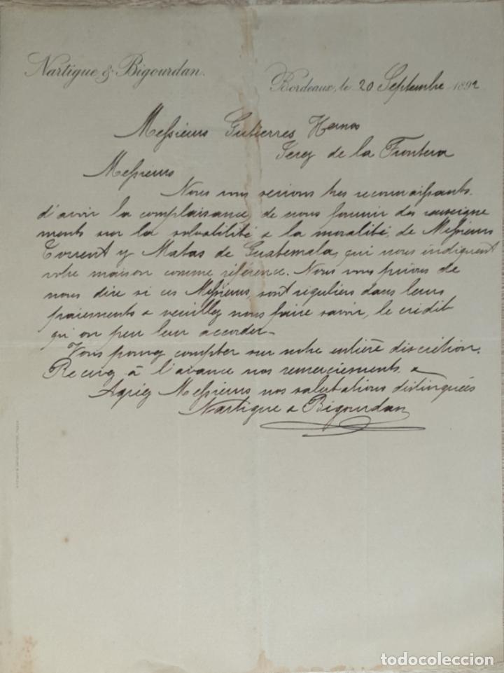 Lettres commerciales: Carta comercial. Nartigue & Bigourdan. Bordeaux. Francia 1892
