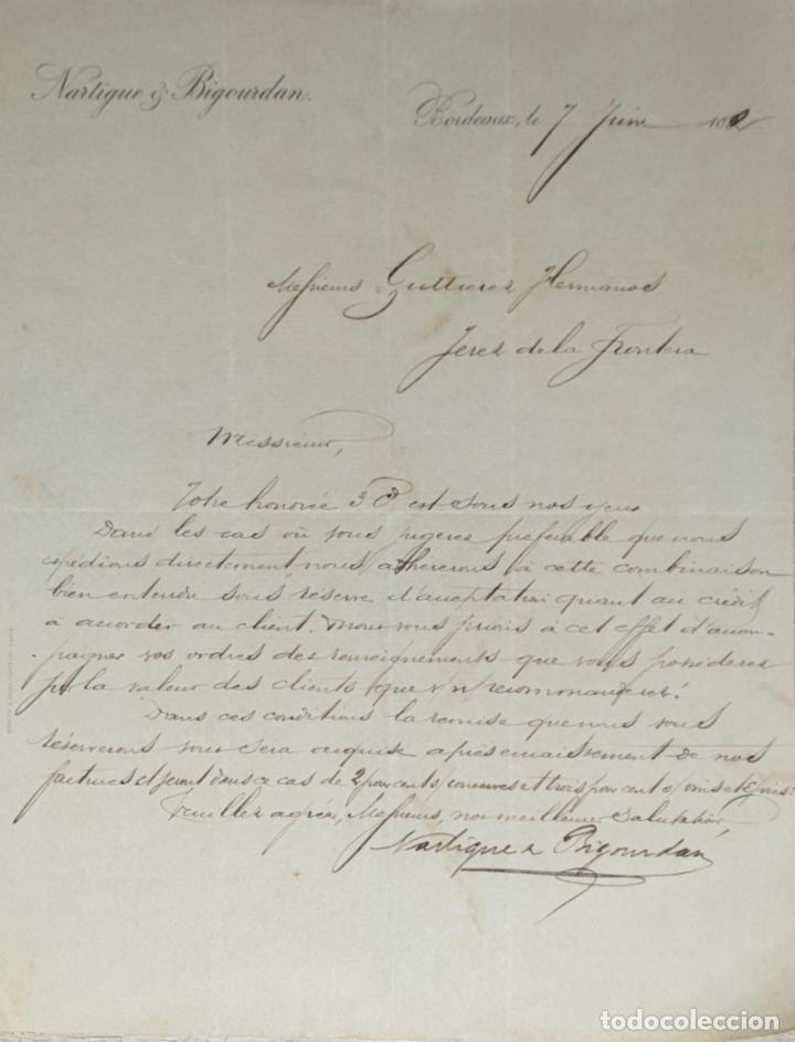 Lettres commerciales: Carta comercial. Nartigue & Bigourdan. Bordeaux. Francia 1892
