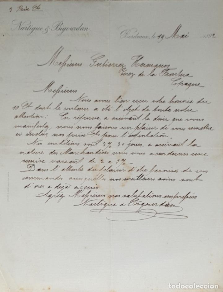 Lettres commerciales: Carta comercial. Nartigue & Bigourdan. Bordeaux. Francia 1892