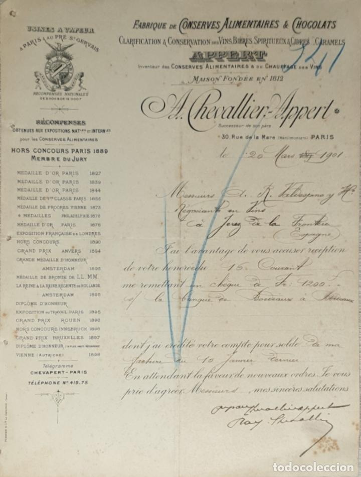 Lettres commerciales: Carta comercial. A. Chevallier Appert. Fabrique de Conserves Alimentaires & de Produits. Paris 1901
