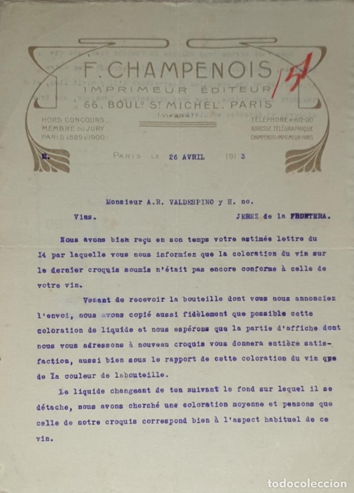 Lettres commerciales: Carta comercial. F. Champenois. Imprimeur Editeur. Par&iacute;s. Francia 1913