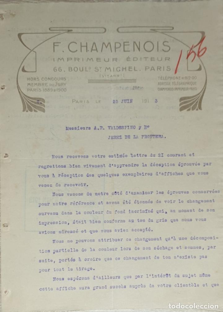 Lettres commerciales: Carta comercial. F. Champenois. Imprimeur Editeur. Par&iacute;s. Francia 1913