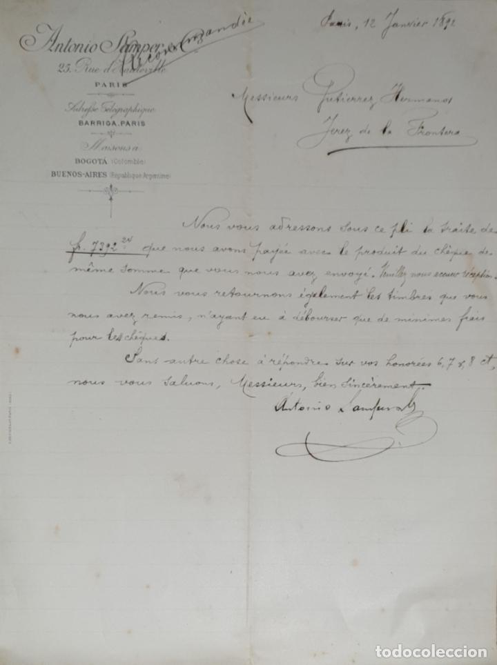 Commercial Letters: Carta comercial. Antonio Samper & C&ordm;. Par&iacute;s. Francia 1892