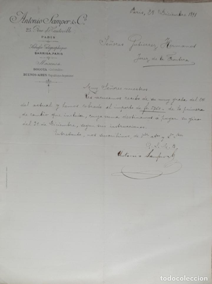 Commercial Letters: Carta comercial. Antonio Samper & C&ordm;. Par&iacute;s. Francia 1891