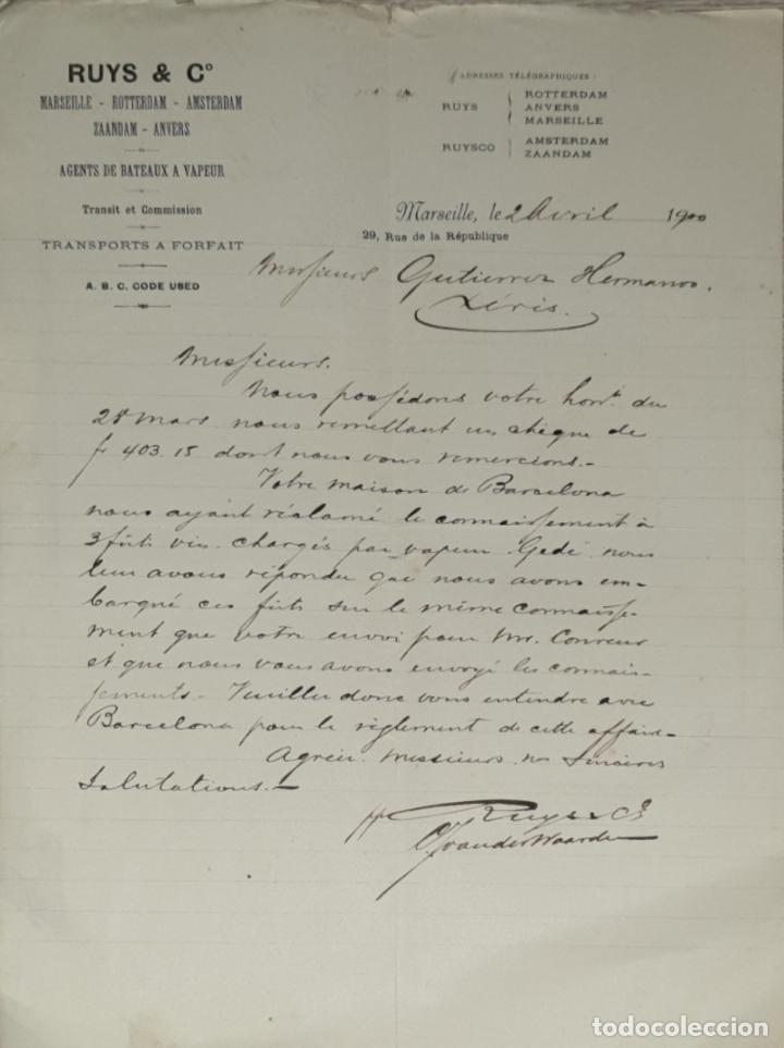 Commercial Letters: Carta comercial. Ruys & C&ordm;. Agents de Bateaux a Vapeur. Transit et Commission.Marseille.Francia 1900
