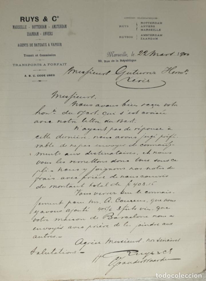 Commercial Letters: Carta comercial. Ruys & C&ordm;. Agents de Bateaux a Vapeur. Transit et Commission.Marseille.Francia 1900