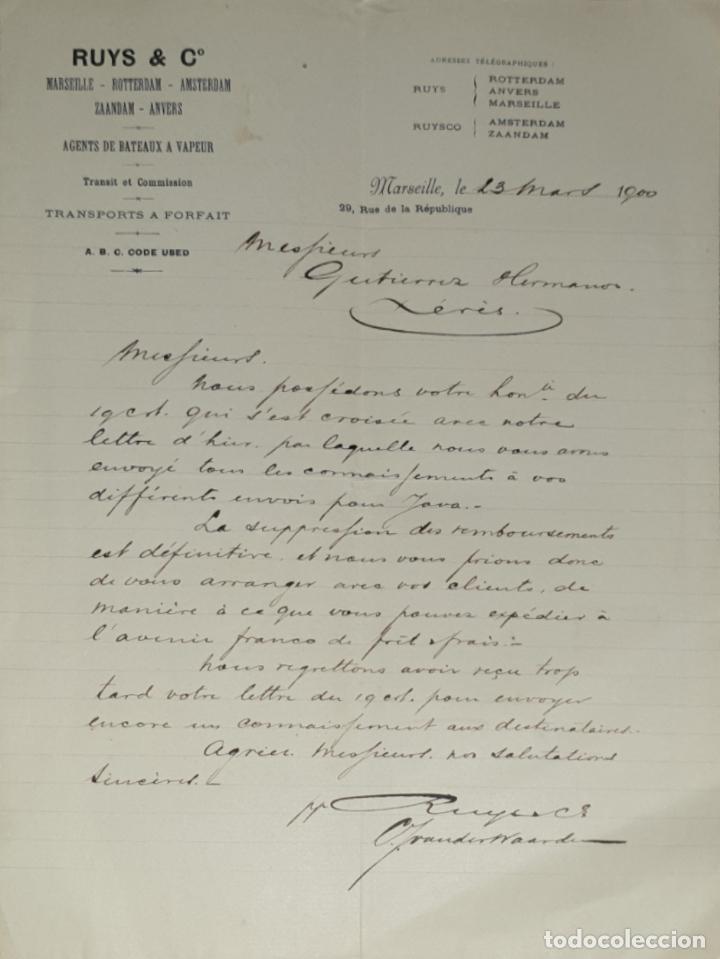 Commercial Letters: Carta comercial. Ruys & C&ordm;. Agents de Bateaux a Vapeur. Transit et Commission.Marseille.Francia 1900