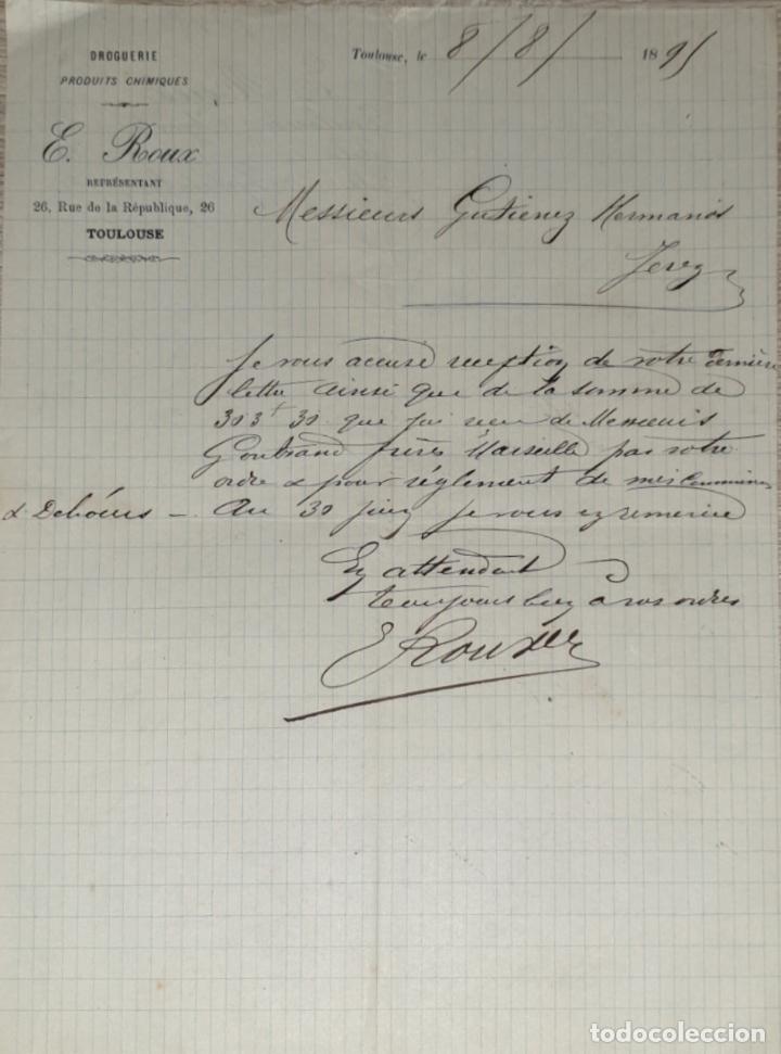 Commercial Letters: Carta comercial. E. Roux. Droguerie. Produits Chimiques. Toulouse. Francia 1895