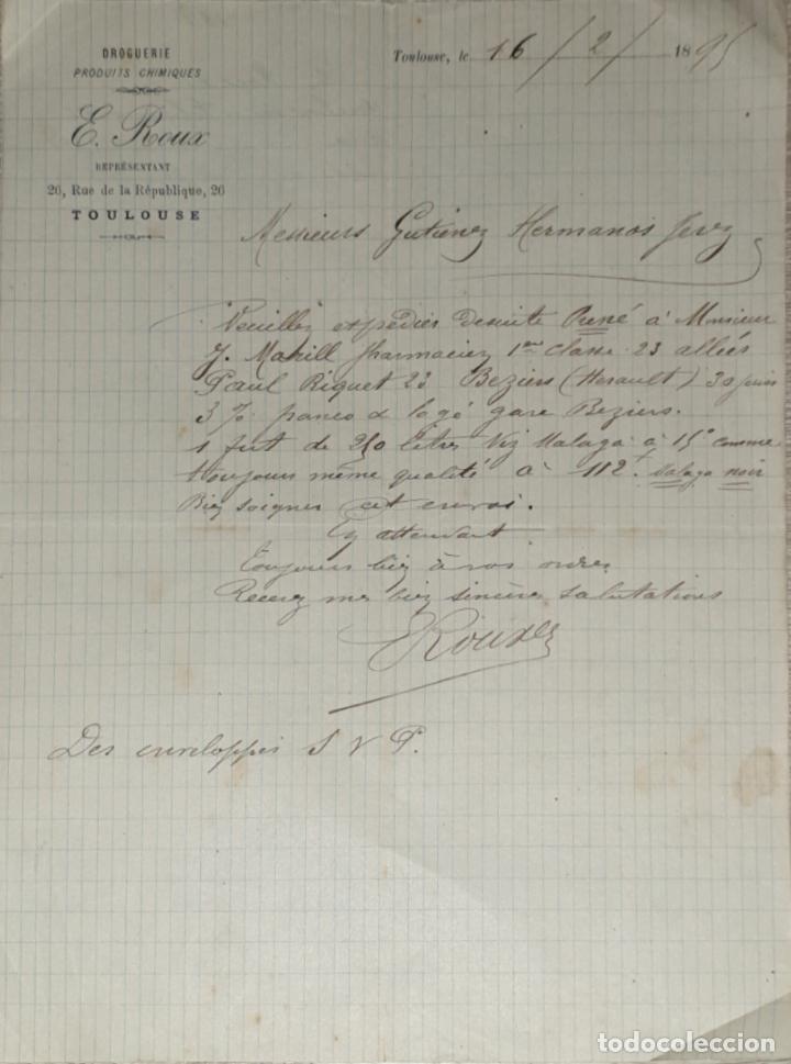 Commercial Letters: Carta comercial. E. Roux. Droguerie. Produits Chimiques. Toulouse. Francia 1895