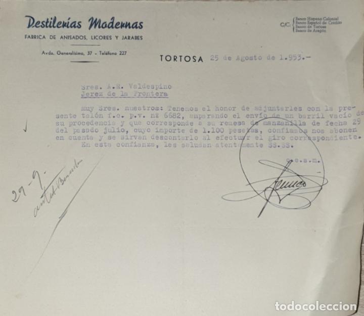 Commercial Letters: Carta comercial. Destiler&iacute;as Modernas. F&aacute;brica de anisados,licores y jarabes. Tortosa. Espa&ntilde;a 1953