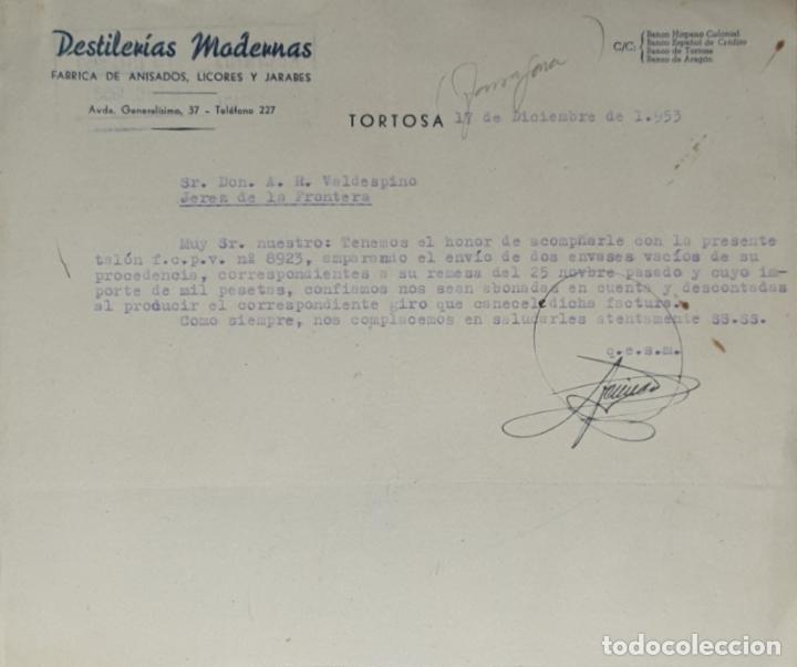 Commercial Letters: Carta comercial. Destiler&iacute;as Modernas. F&aacute;brica de anisados,licores y jarabes. Tortosa. Espa&ntilde;a 1953