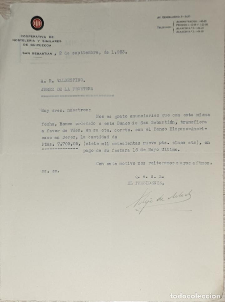 Commercial Letters: carta comercial. Cooperativa de Hosteler&iacute;a y similares de Guipuzcoa. San Sebastian. Espa&ntilde;a 1953
