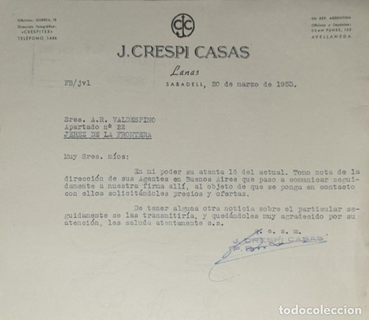 Commercial Letters: Carta comercial. J. Crespi Casas. Crespitex. Lanas. Sabadell. Espa&ntilde;a 1953