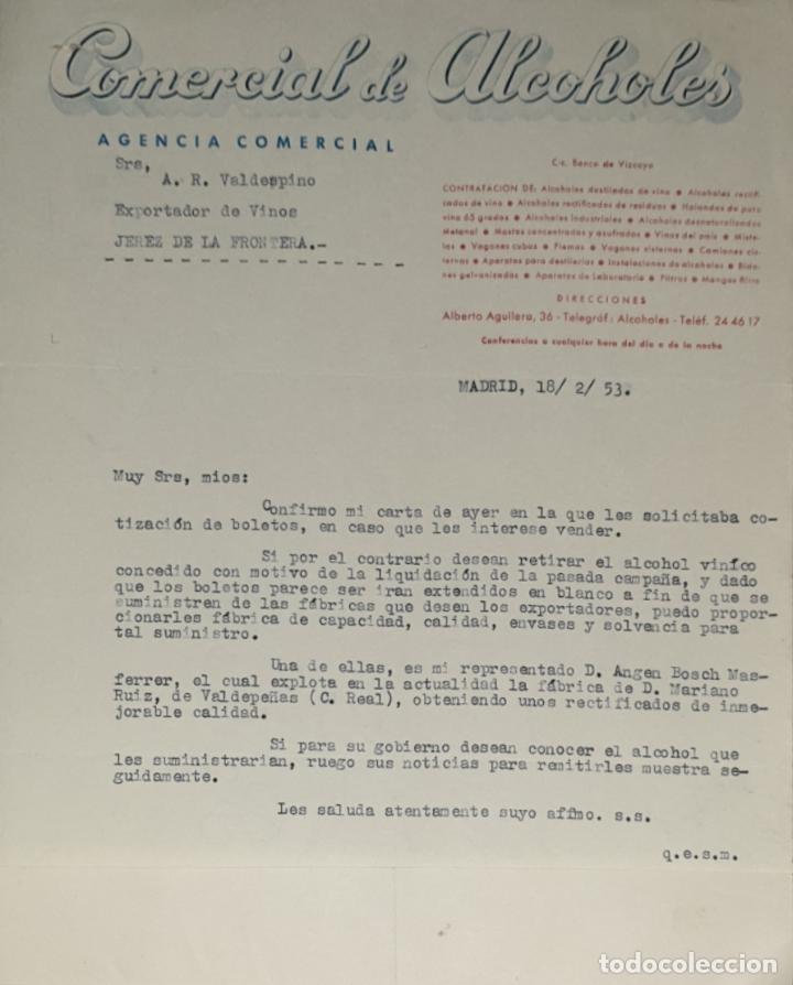 Commercial Letters: Carta comercial. Comercial de Alcoholes. Agencia Comercial. Madrid 1953