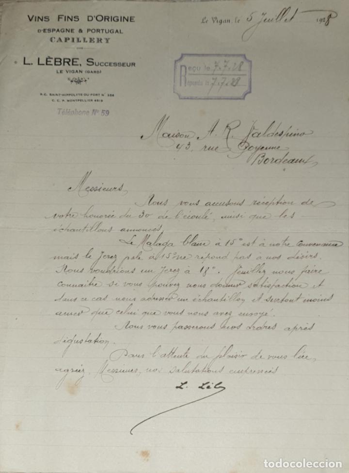 Commercial Letters: Carta comercial. L.L&eacute;bre. Successeur.Vins Fins D&acute;Origine D&acute;Espagne & Portugal.Le Vigan. Francia 1928