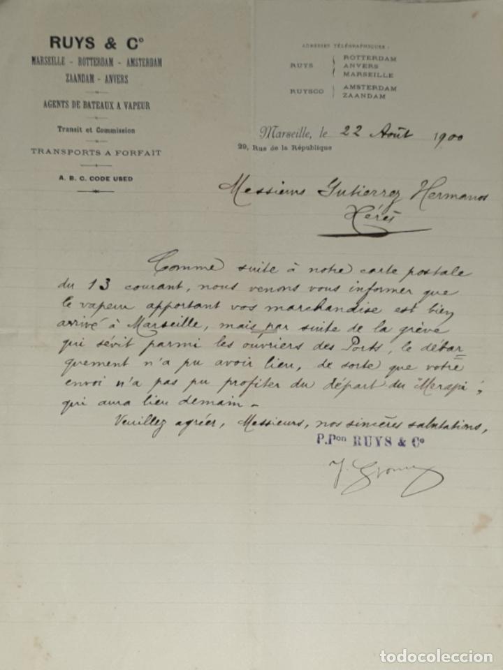 Commercial Letters: Carta comercial. Ruys & C&ordm;. Agents de Bateaux a Vapeur. Transit et Commission.Marseille.Francia 1900