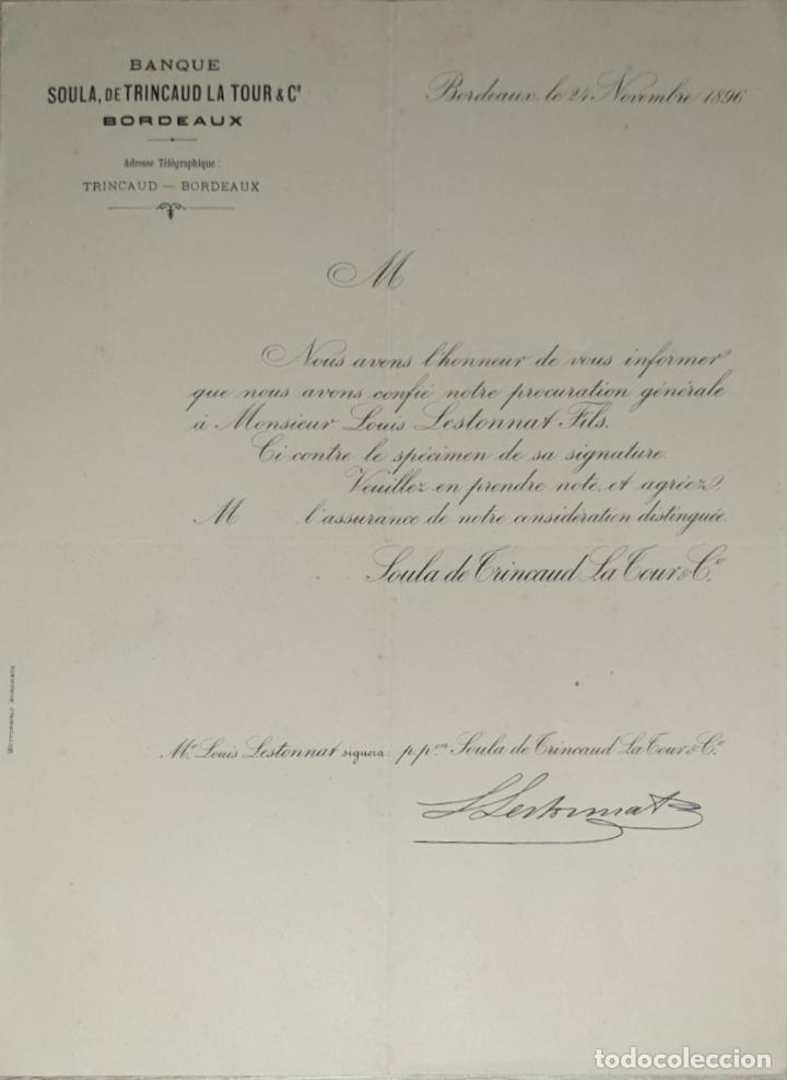 Commercial Letters: Carta comercial. Banque Soula, de Trincaud La Tour & C&ordf;. Bordeaux. Francia 1896
