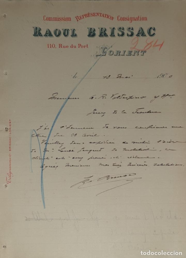 Commercial Letters: Carta comercial. Raoul Brissac. Commission-Consignation. Lorient. Francia 1900
