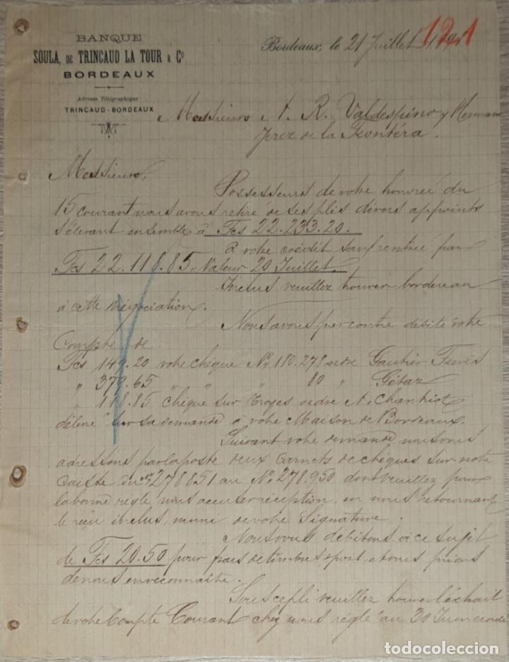Commercial Letters: Carta comercial. Banque Soula, de Trincaud La Tour & C&ordf;. Bordeaux. Francia 1895