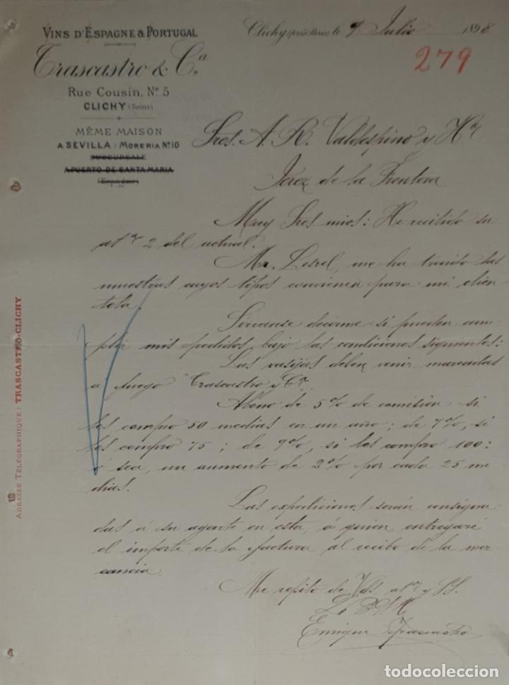 Commercial Letters: carta comercial. Trascastro & C&ordf;. Vins D&acute;Espagne & Portugal. Clichy. Francia 1898