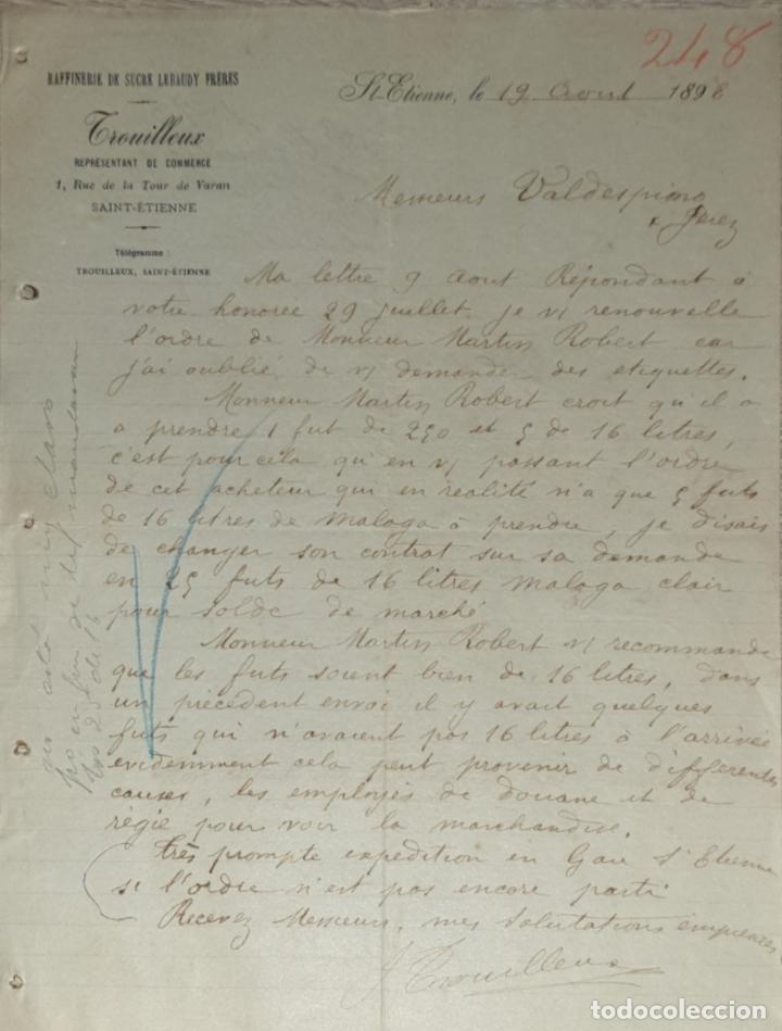 Commercial Letters: Carta comercial. Trouilleux. Repr&eacute;sentation en Epicerie & Spiriueux. Saint Etienne. Francia 1898