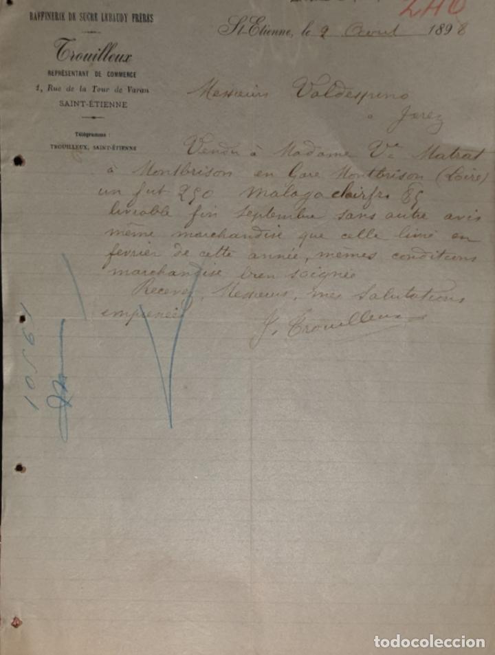 Commercial Letters: Carta comercial. Trouilleux. Repr&eacute;sentation en Epicerie & Spiriueux. Saint Etienne. Francia 1898