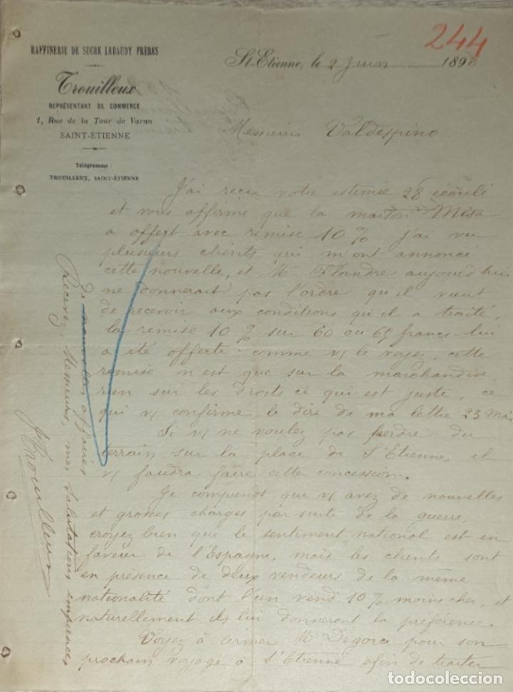 Commercial Letters: Carta comercial. Trouilleux. Repr&eacute;sentation en Epicerie & Spiriueux. Saint Etienne. Francia 1898