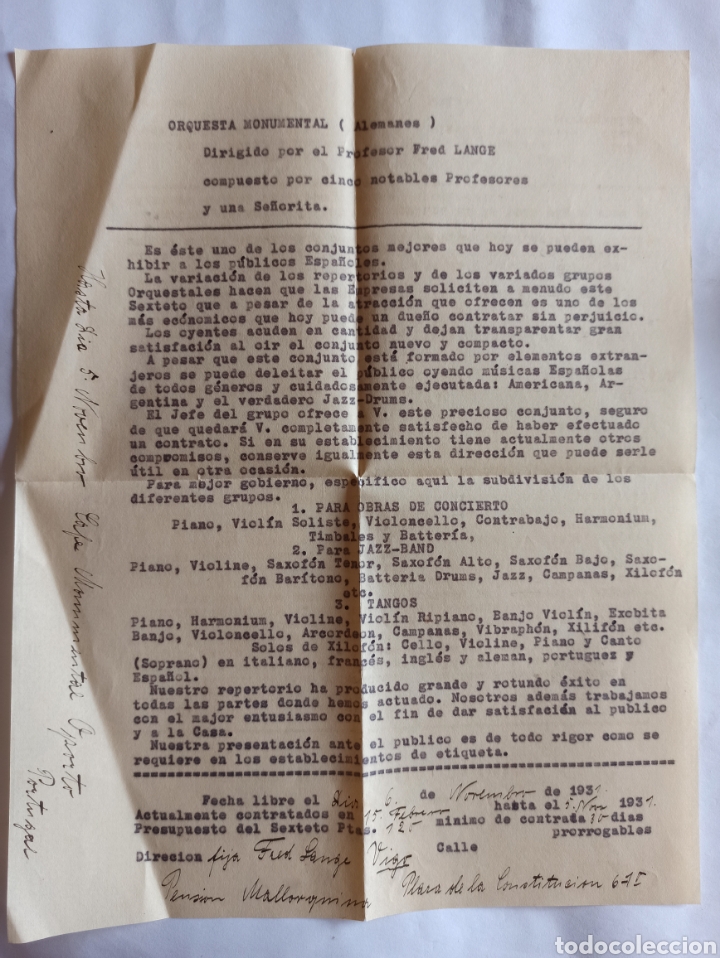Lettres commerciales: Carta y fotograf&iacute;a de Orquesta Monumental. Pontevedra, a&ntilde;o 1931.