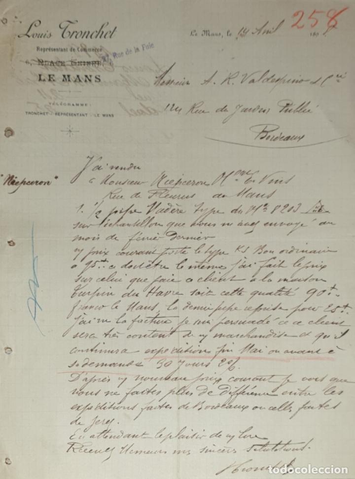 Commercial Letters: Carta comercial. Louis Tronchet. Repr&eacute;sentant de Commerce. Le Mans. Francia 1898