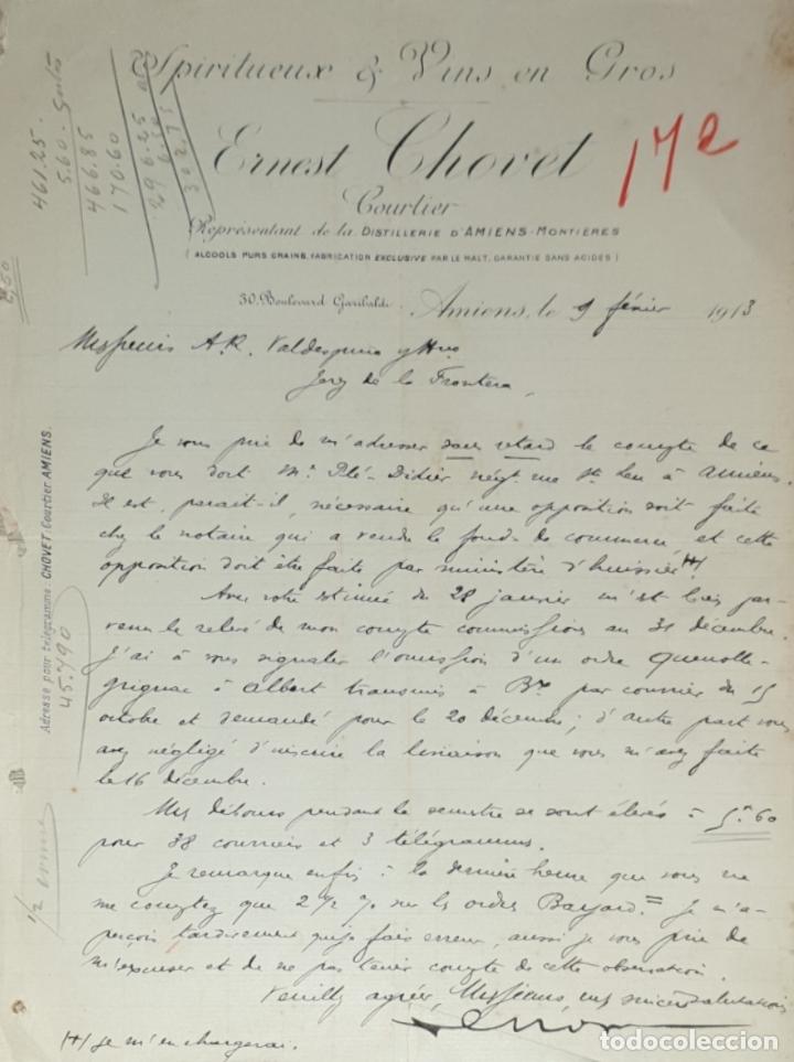 Commercial Letters: Carta comercial. Ernest Chovet. Spiritueux & Vins en Gros. Amiens. Francia 1913