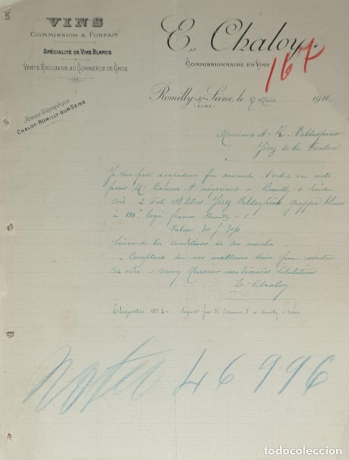 Commercial Letters: Carta comercial. E. Chaloy. Commissionnaire en Vins. Romilly-sur-Seine. Francia 1913