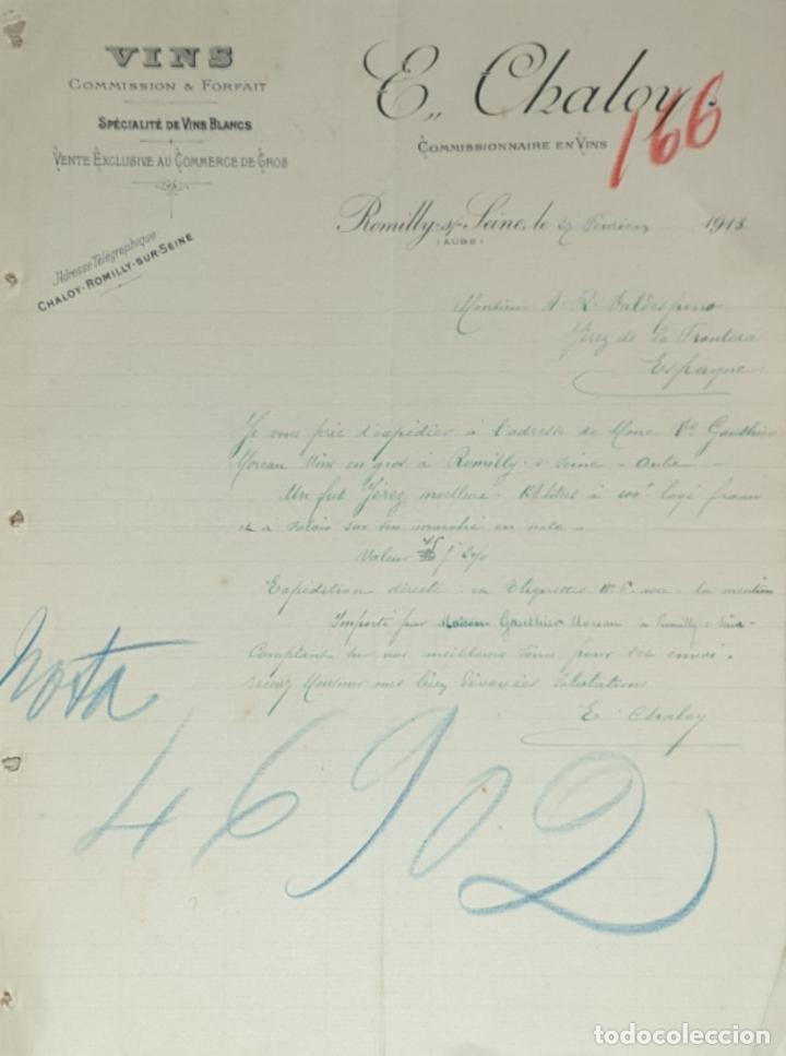 Commercial Letters: Carta comercial. E. Chaloy. Commissionnaire en Vins. Romilly-sur-Seine. Francia 1913