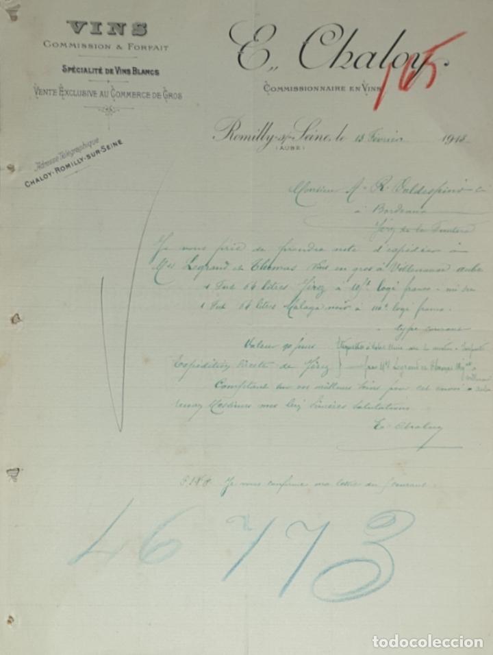 Commercial Letters: Carta comercial. E. Chaloy. Commissionnaire en Vins. Romilly-sur-Seine. Francia 1913