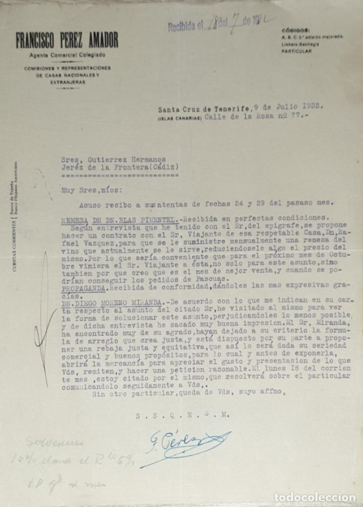 Gesch&auml;ftsbriefe: Carta comercial. Francisco Perez Amador. Agente Comercial Colegiado. Sta.Cruz Tenerife. 1932
