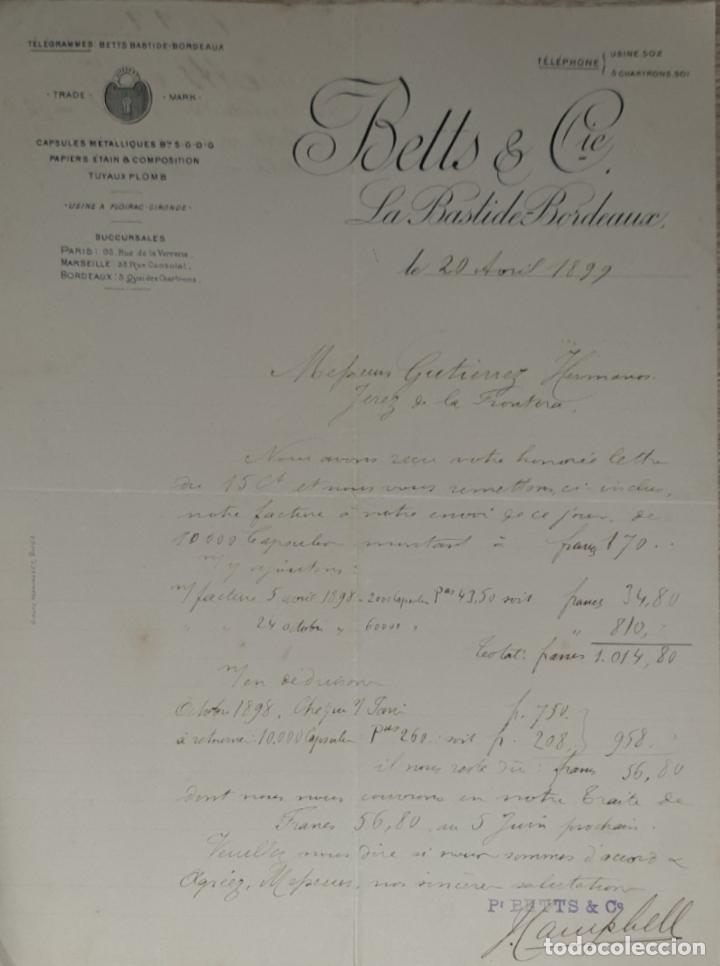 Gesch&auml;ftsbriefe: Carta comercial. Betts & C&iacute;e. La Bastide Bordeaux. Francia 1899