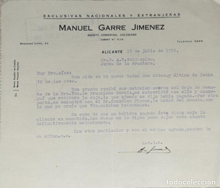 Gesch&auml;ftsbriefe: Carta comercial. Manuel Garre Jimenez. Agente comercial colegiado. Alicante. Espa&ntilde;a 1956