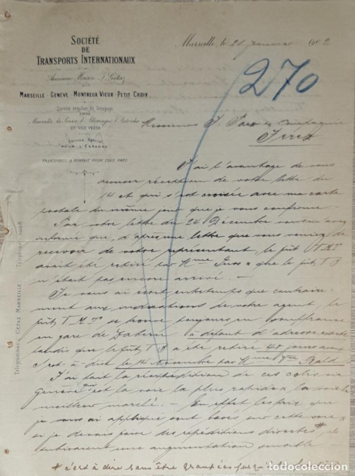 Gesch&auml;ftsbriefe: Carta comercial. Soci&eacute;t&eacute; de Transports Internationaux. Marseille. Francia 1902