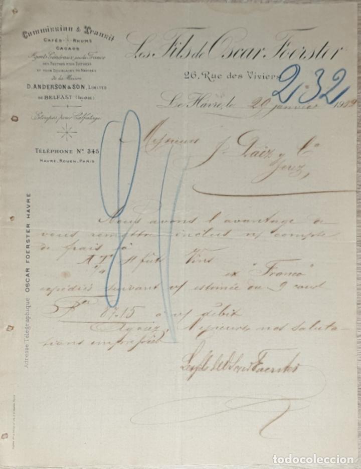 Gesch&auml;ftsbriefe: Carta comercial. Les Fils de Oscar Foerster. Commission & Transit. Le Havre. Francia 1901