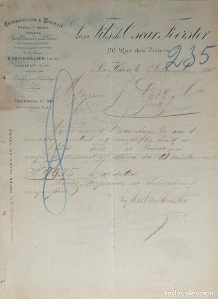 Gesch&auml;ftsbriefe: Carta comercial. Les Fils de Oscar Foerster. Commission & Transit. Le Havre. Francia 1901